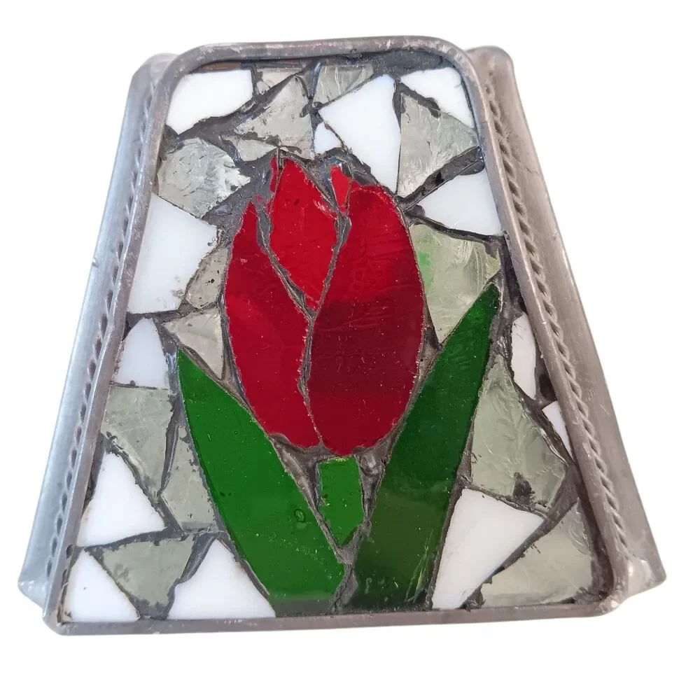 Vintage Stained Glass Lamp Shade Red Pink Yellow Tulips Replacement Small 3.75x3